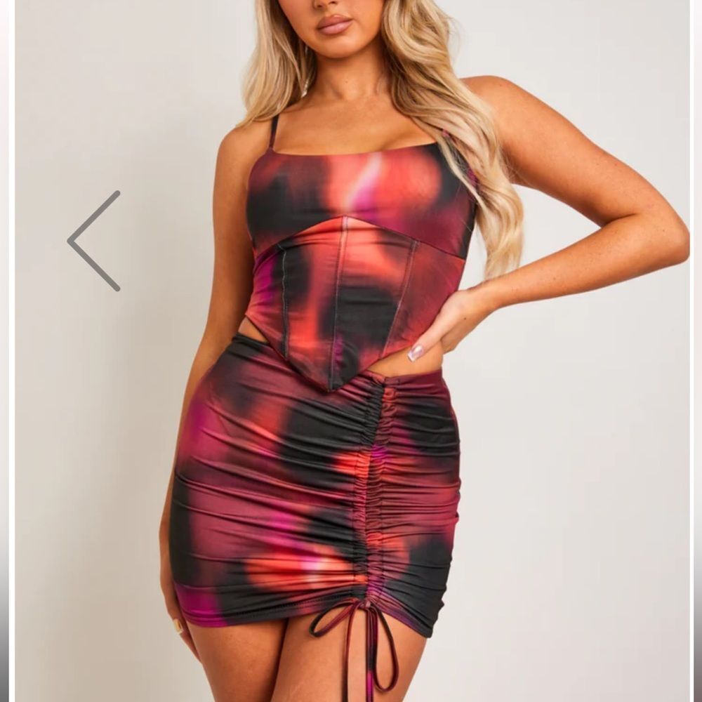 Red and Black Printed Corset Top and Skirt